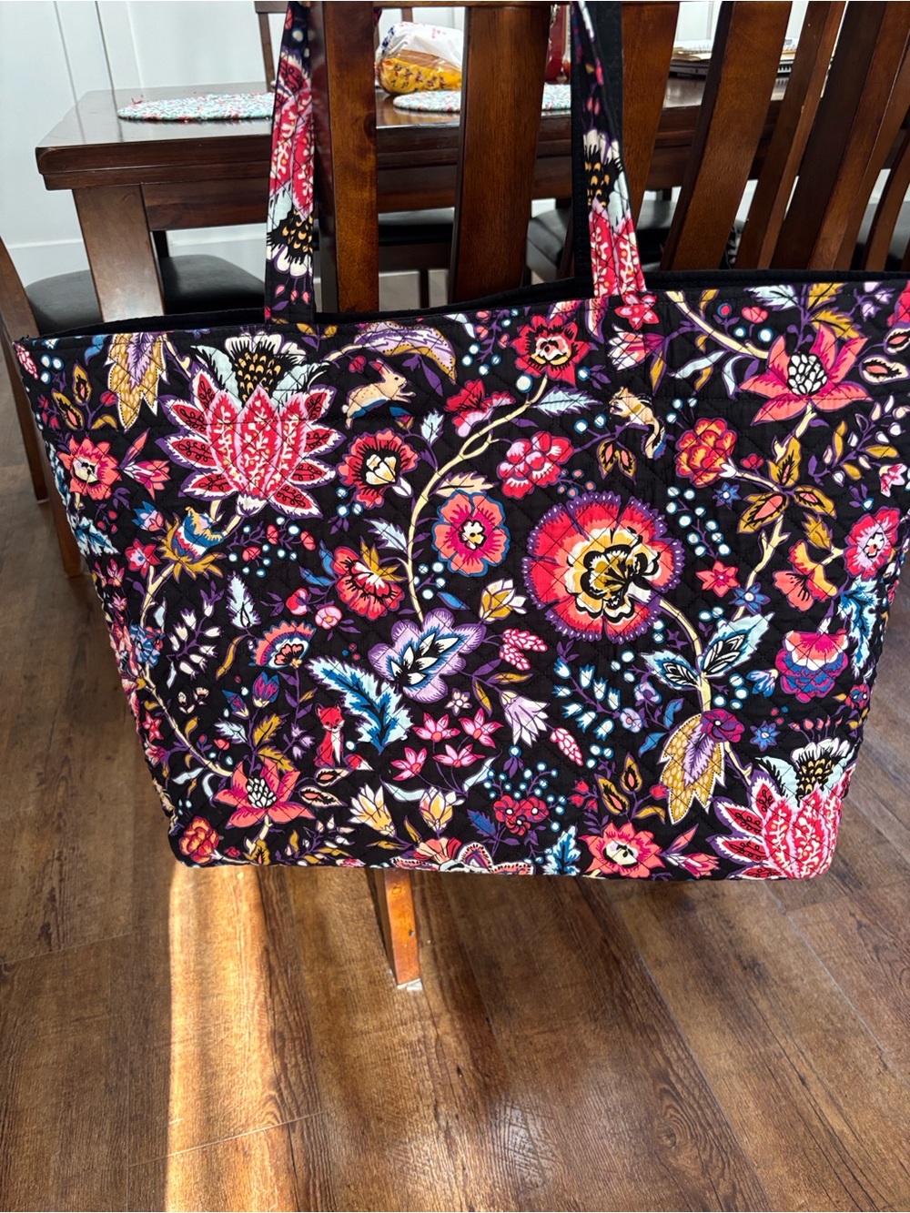 Vera Bradley Black Quilted Tote with Pink, Yellow & Blue Floral Print